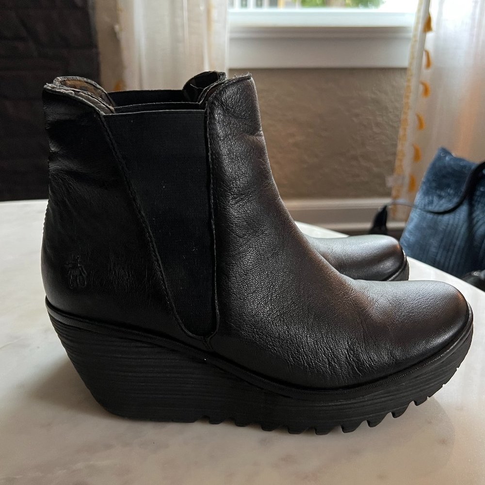 Fly London Women's Black Leather Wedge Ankle Booties